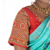 Light Red Silk Cloth Blouse with kundan and chain work Design