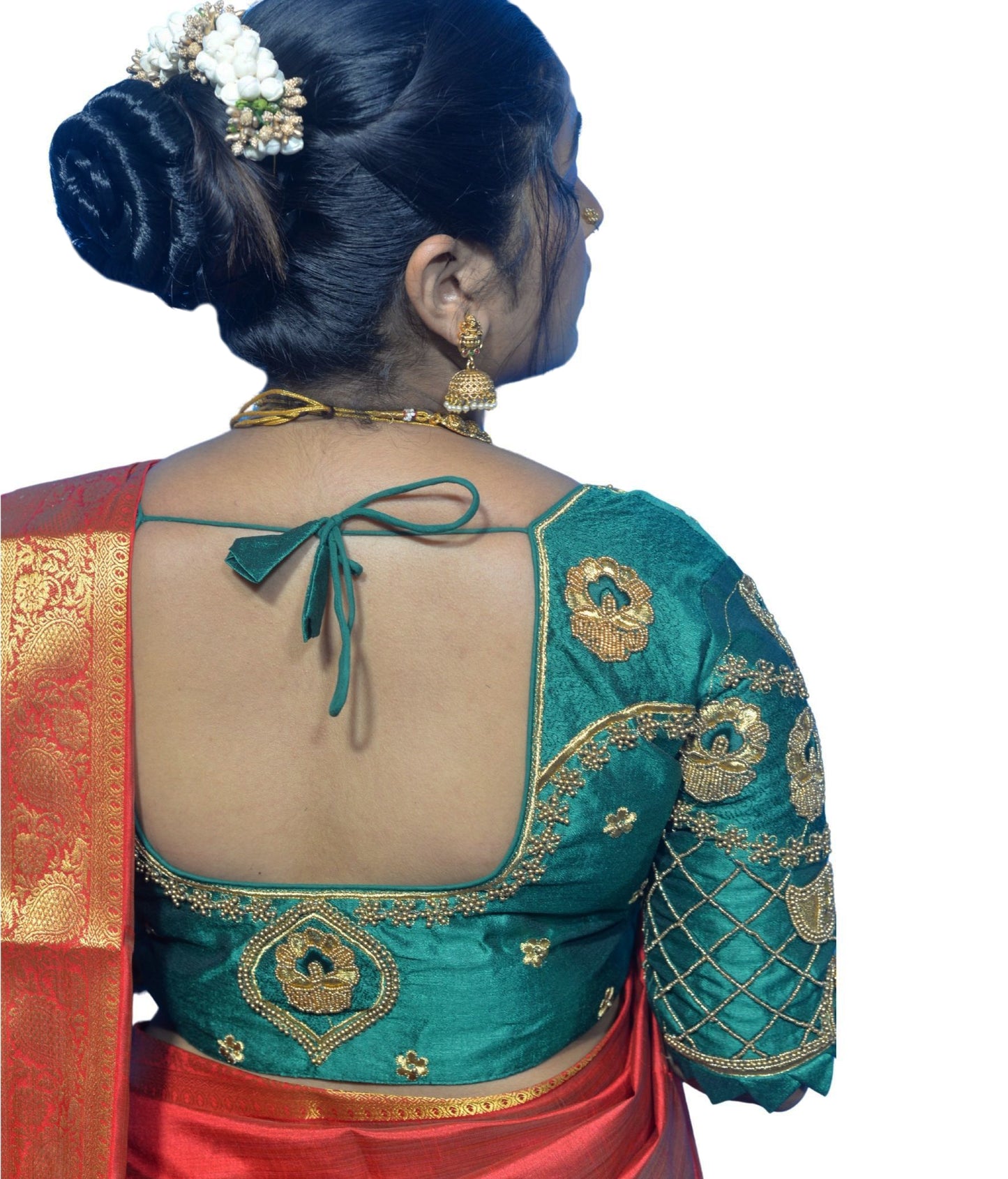 Traditional Dark Green Blouse with Criss-Cross Sleeves and Lakshmi Aari Work