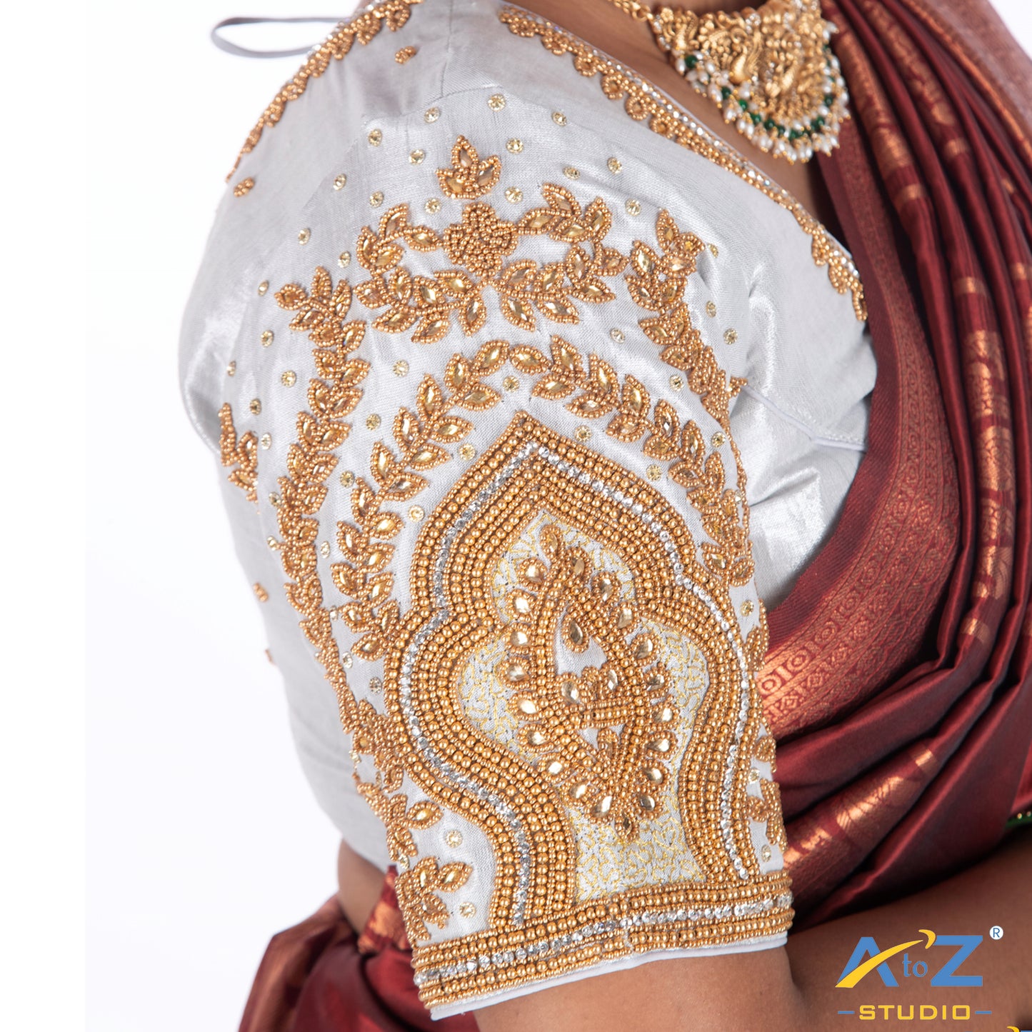 Silver Silk Cloth Blouse with Small leaf and chain work Design