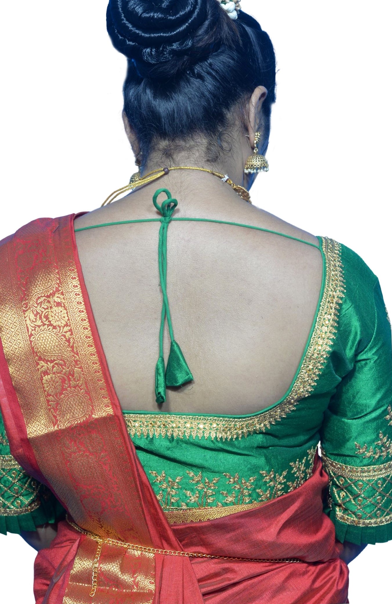 Designer Green Blouse with Cross Plus Pattern and Puff Sleeves