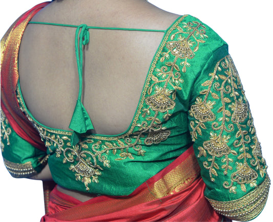 Green Blouse with Floral Motifs & Dual Embroidery