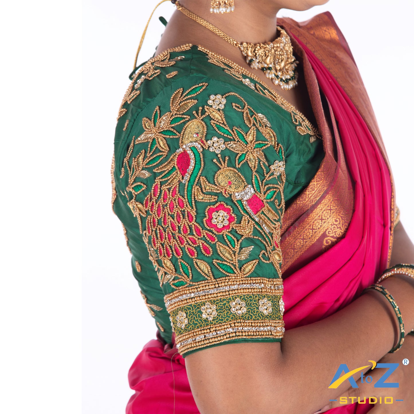 Dark Green Silk Cloth Blouse with Peacock Design