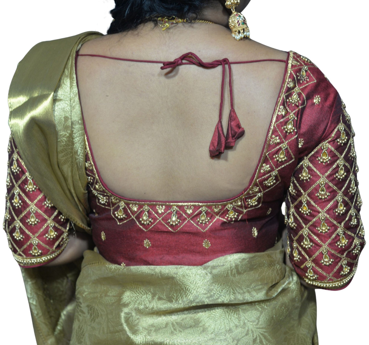 Maroon Blouse with Criss-Cross, Footprint & Bush Embroidery