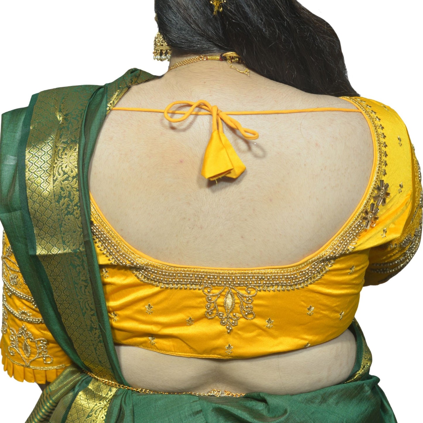 Festive Golden Yellow Blouse with Diya Motif and Floral Aari Fusion Work