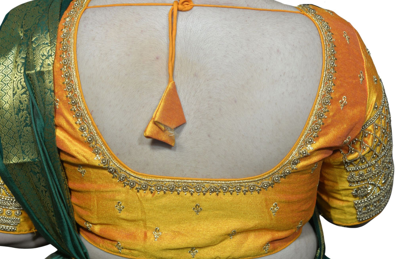 Designer Mango  Blouse with Criss-Cross Floral Sleeves, Machine Front & Aari Embroidered Back"