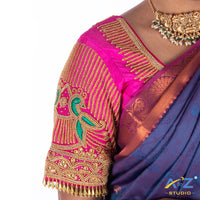 Bright Pink Silk Cloth Blouse with Small peacock double and chain and beeds Design