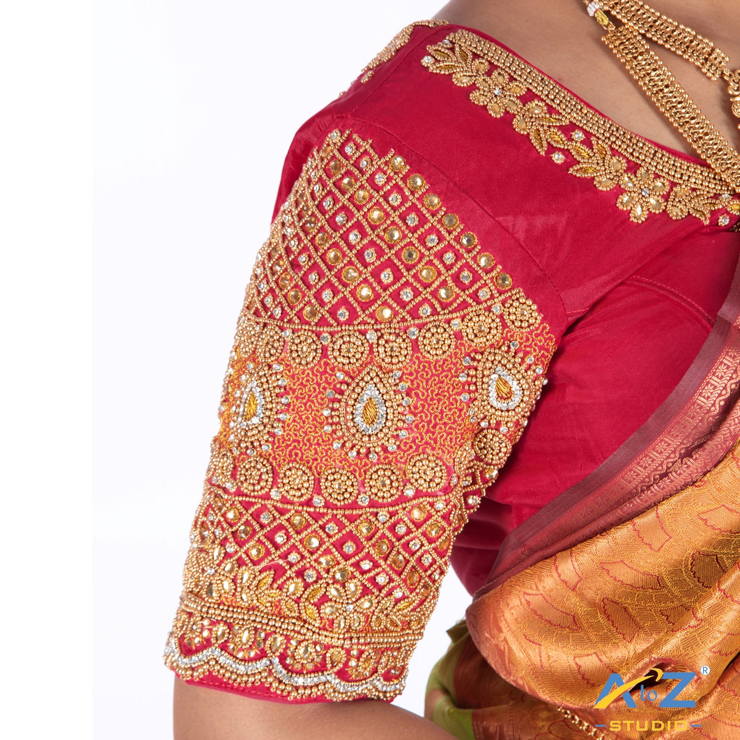 Brink Pink Silk Cloth Blouse with kundan and chain work Design