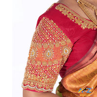 Brink Pink Silk Cloth Blouse with kundan and chain work Design