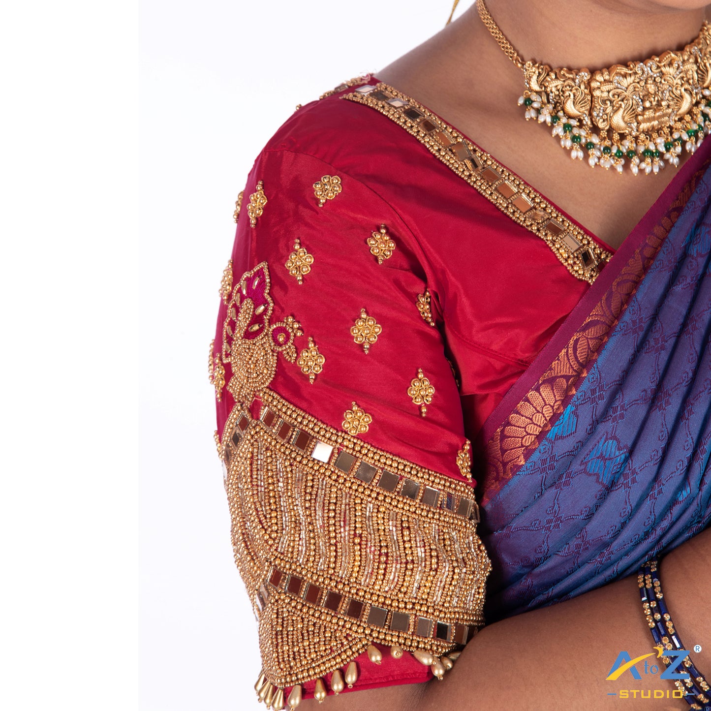 Brink Pink Silk Cloth Blouse with Small peacock ,chain and mirror Design