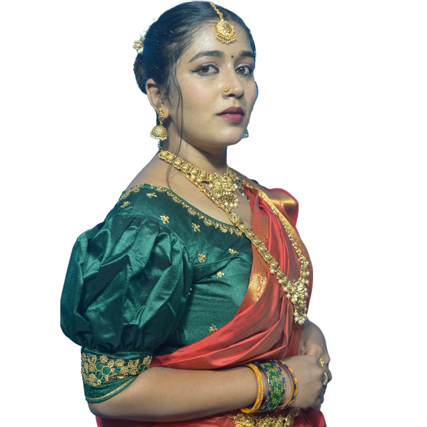 Dark Green Blouse with Gold Motifs & Dual Embroidery