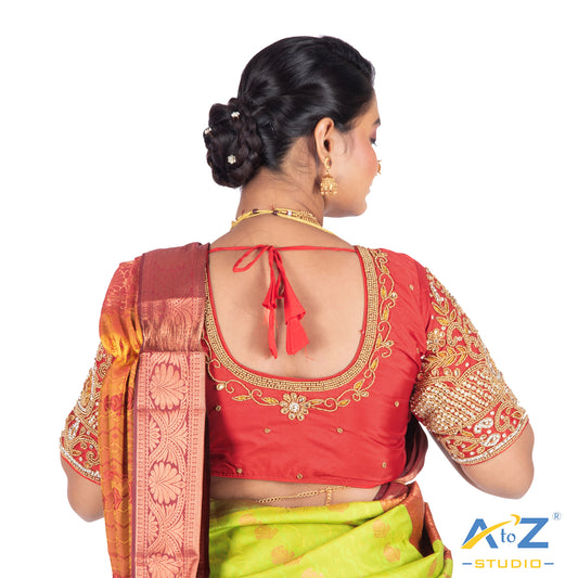Light Red Silk Cloth Blouse with Leaves and Flower Design