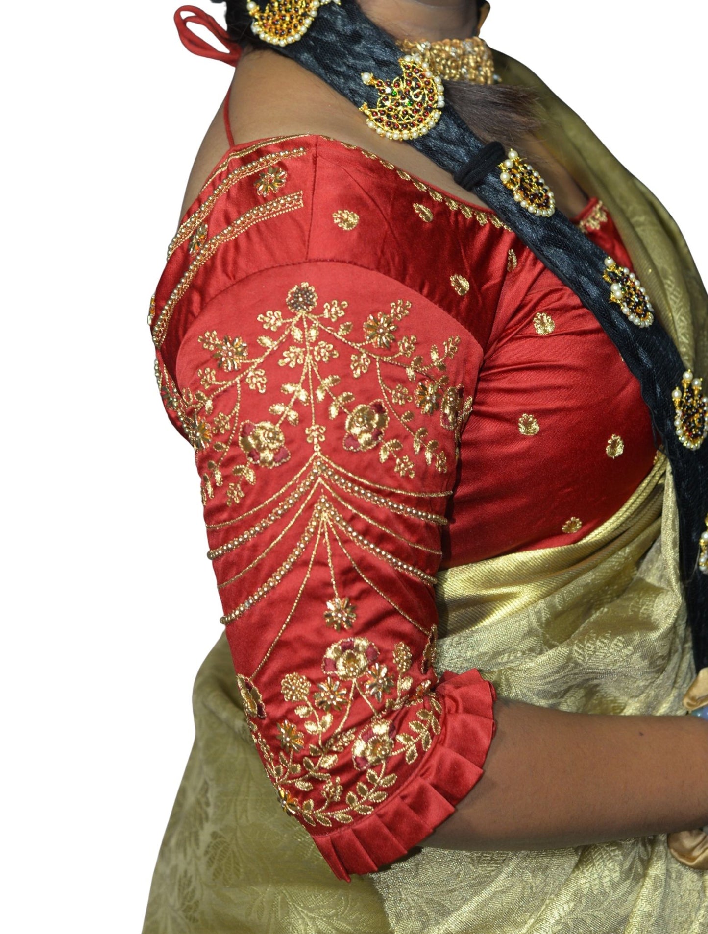 Vibrant Maroon Blouse with Multi-Color Floral Embroidery and Frill Sleeves