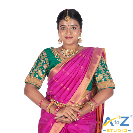 Rama Green with Aari Work Blouse with leaf and flower mixed Design