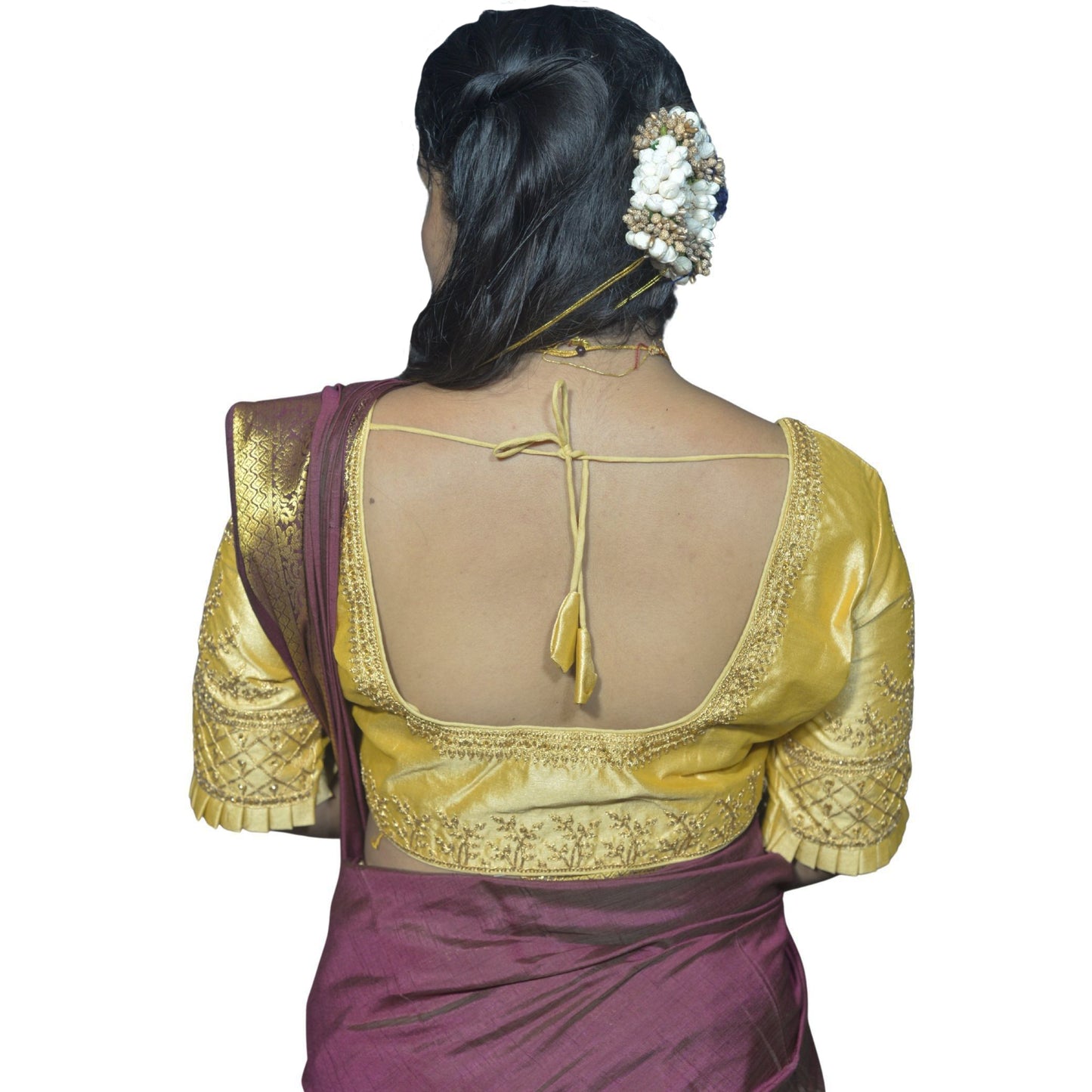 Designer Gold Blouse with Cross Plus Pattern and Puff Sleeves