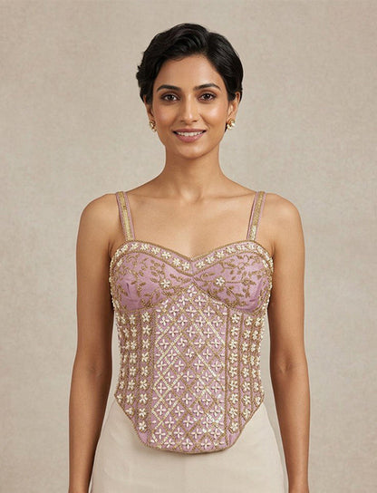 Lavender Gold Embroidered Designer Corset Blouse