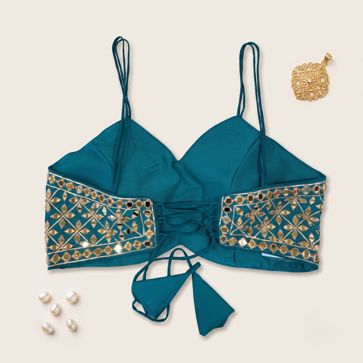 Teal Blue Mirror Work Cami Blouse with Lace-Up Tie Back
