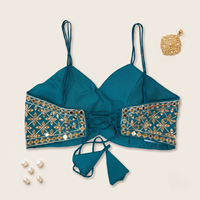 Teal Blue Mirror Work Cami Blouse with Lace-Up Tie Back