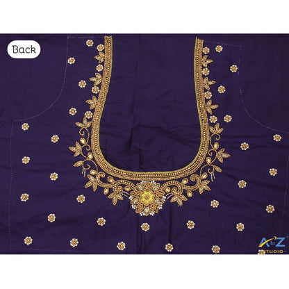 Dark Navy Blue Silk Blouse Piece With Aari Work