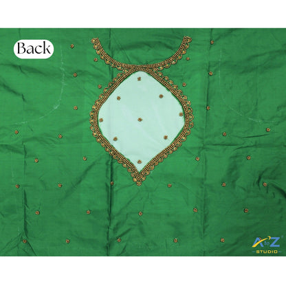Leaf Green Silk Blouse Piece With Aari Work