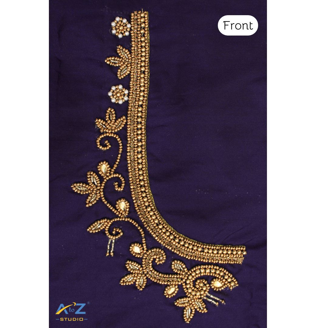 Dark Navy Blue Silk Blouse Piece With Aari Work