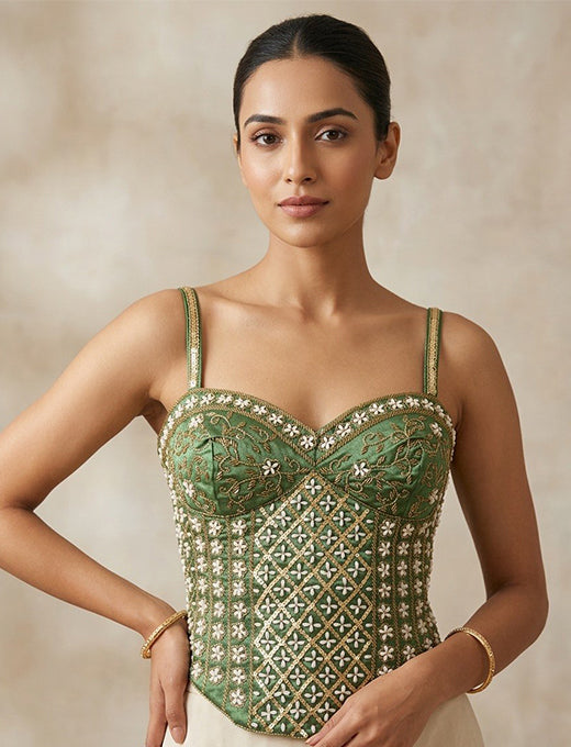 Emerald Green Gold Embroidered Designer Corset Blouse