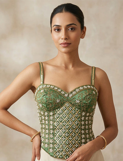 Emerald Green Gold Embroidered Designer Corset Blouse