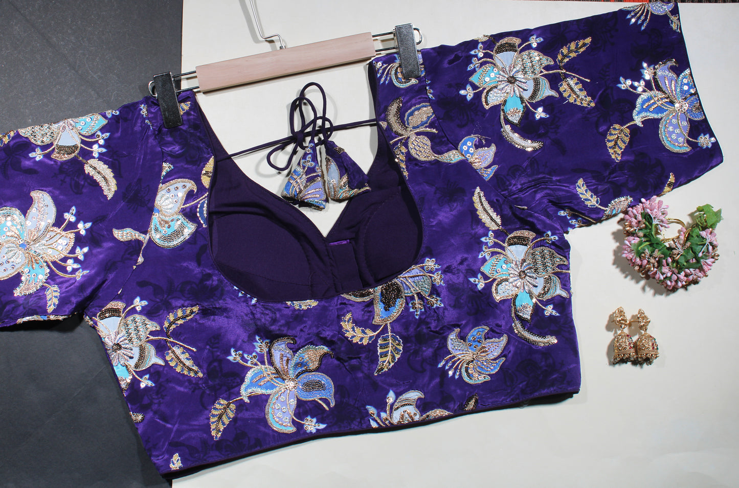 Purple Velvet Floral Sequin Work Blouse