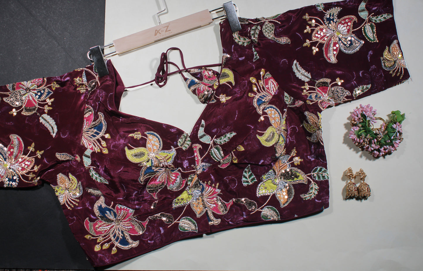 BloodRed Velvet Floral Zardozi Embroidered Blouse