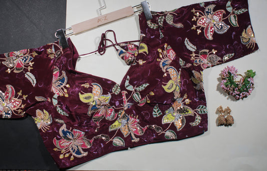 BloodRed Velvet Floral Zardozi Embroidered Blouse