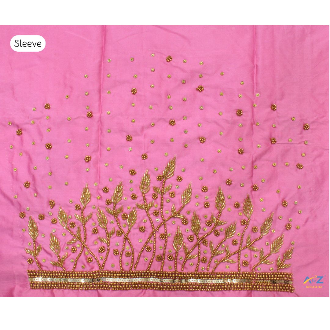 Baby Pink Silk Blouse Piece With Aari Work (Gold Work)