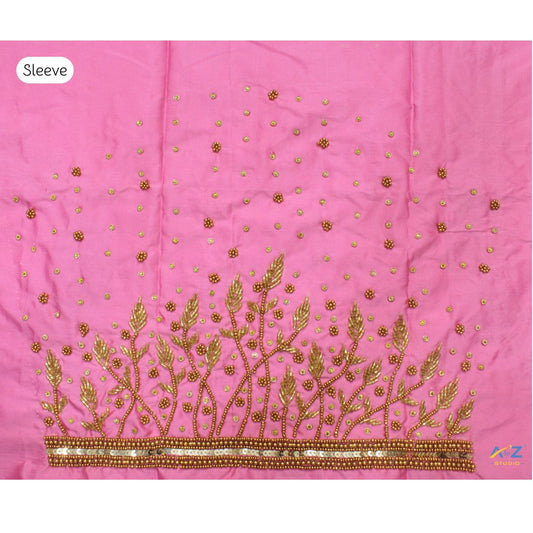 Baby Pink Silk Blouse Piece With Aari Work (Gold Work)