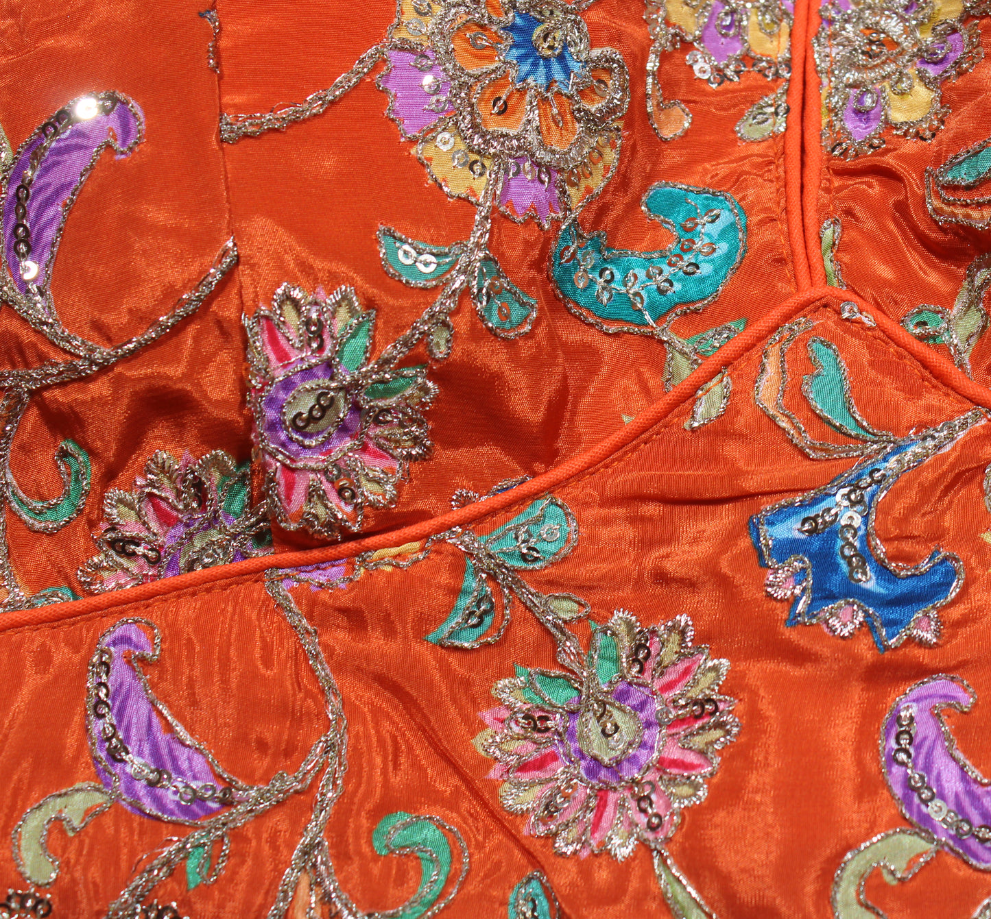 Orange Silk Saree Blouse with Embroidered Traditional Dancer Motif Sleeves