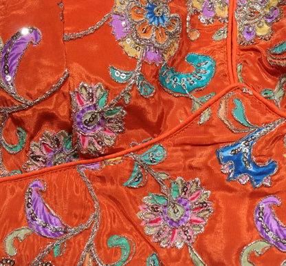 Orange Silk Saree Blouse with Embroidered Traditional Dancer Motif Sleeves