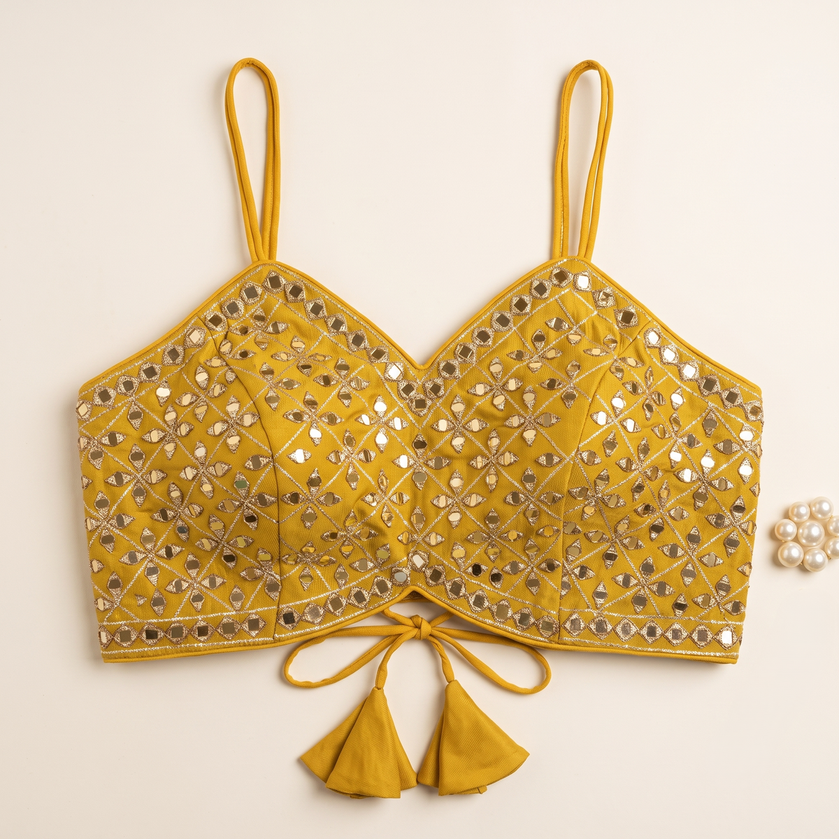 Designer Yellow Mirror Work Sleeveless Blouse for Lehenga & Saree