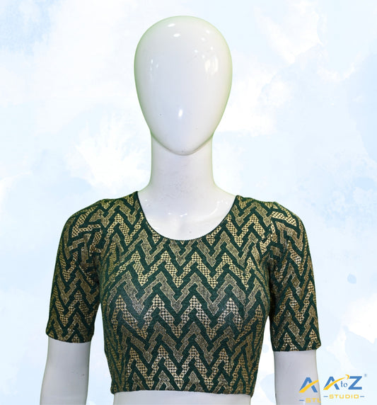 Dark Green Crush Blouse with Zig Zag Golden Print