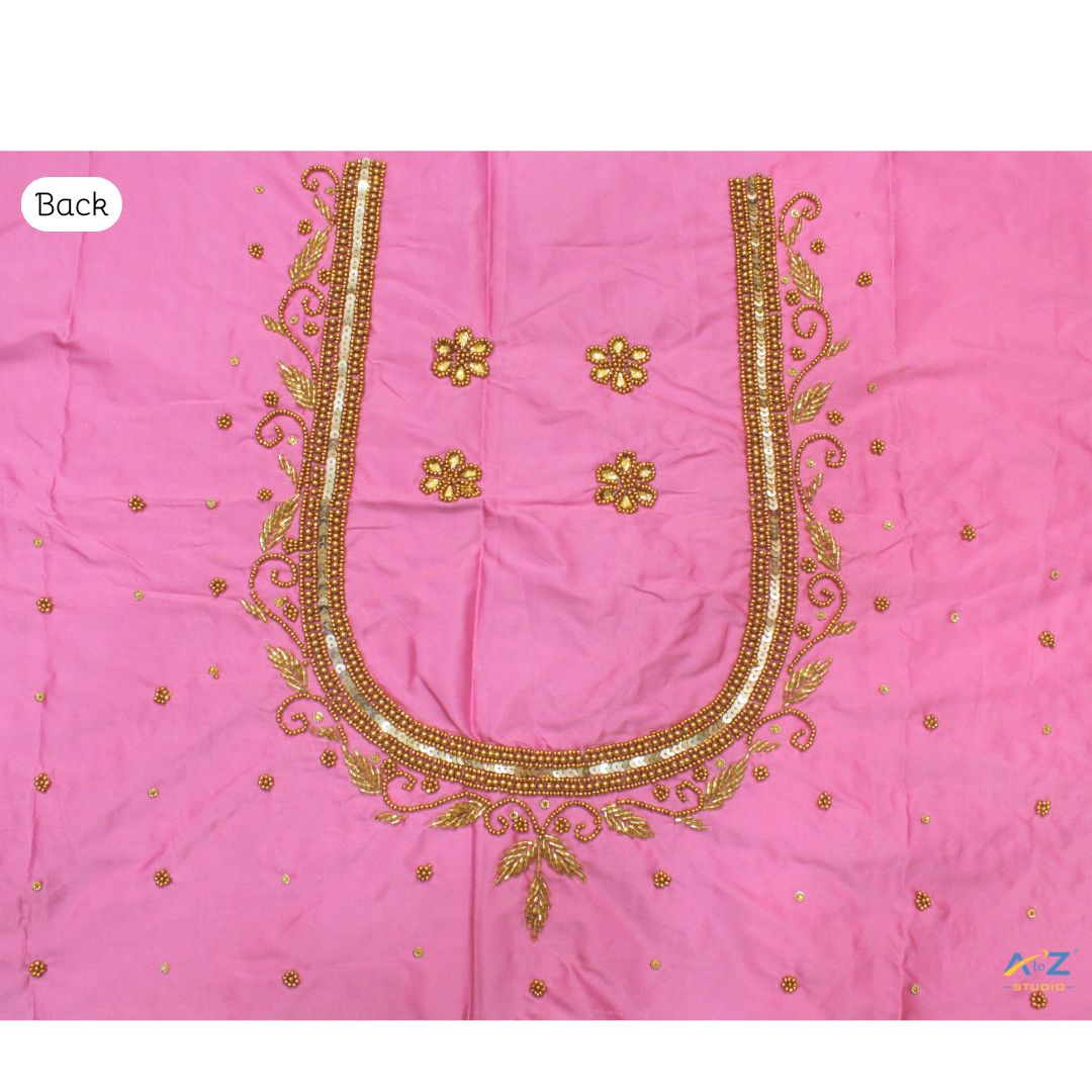 Baby Pink Silk Blouse Piece With Aari Work (Gold Work)