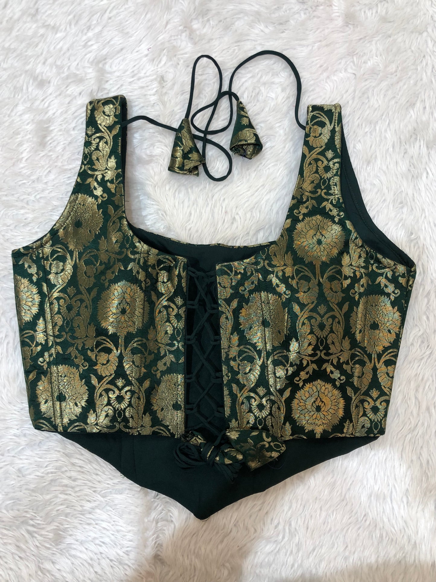 Dark Green Jacquard Crop Blouse with Dori Details