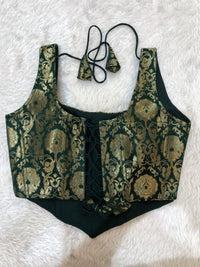 Dark Green Jacquard Crop Blouse with Dori Details