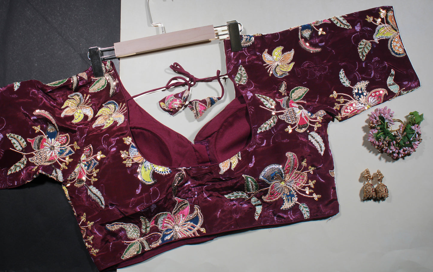 BloodRed Velvet Floral Zardozi Embroidered Blouse