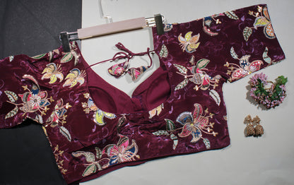 BloodRed Velvet Floral Zardozi Embroidered Blouse