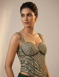 Dark Green Bridal Mirror Work Corset Blouse