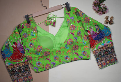 Lime Green Silk Blouse with Hand-Crafted Traditional Dancer Border & Zardosi Work