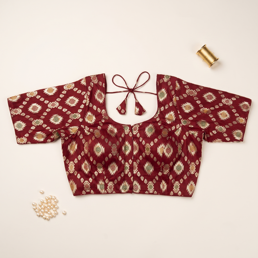 Maroon Banaras Silk Brocade Blouse with Zari Geometric Butta