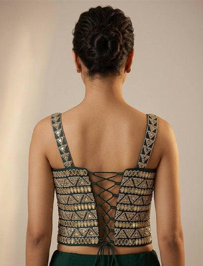 Dark Green Bridal Mirror Work Corset Blouse