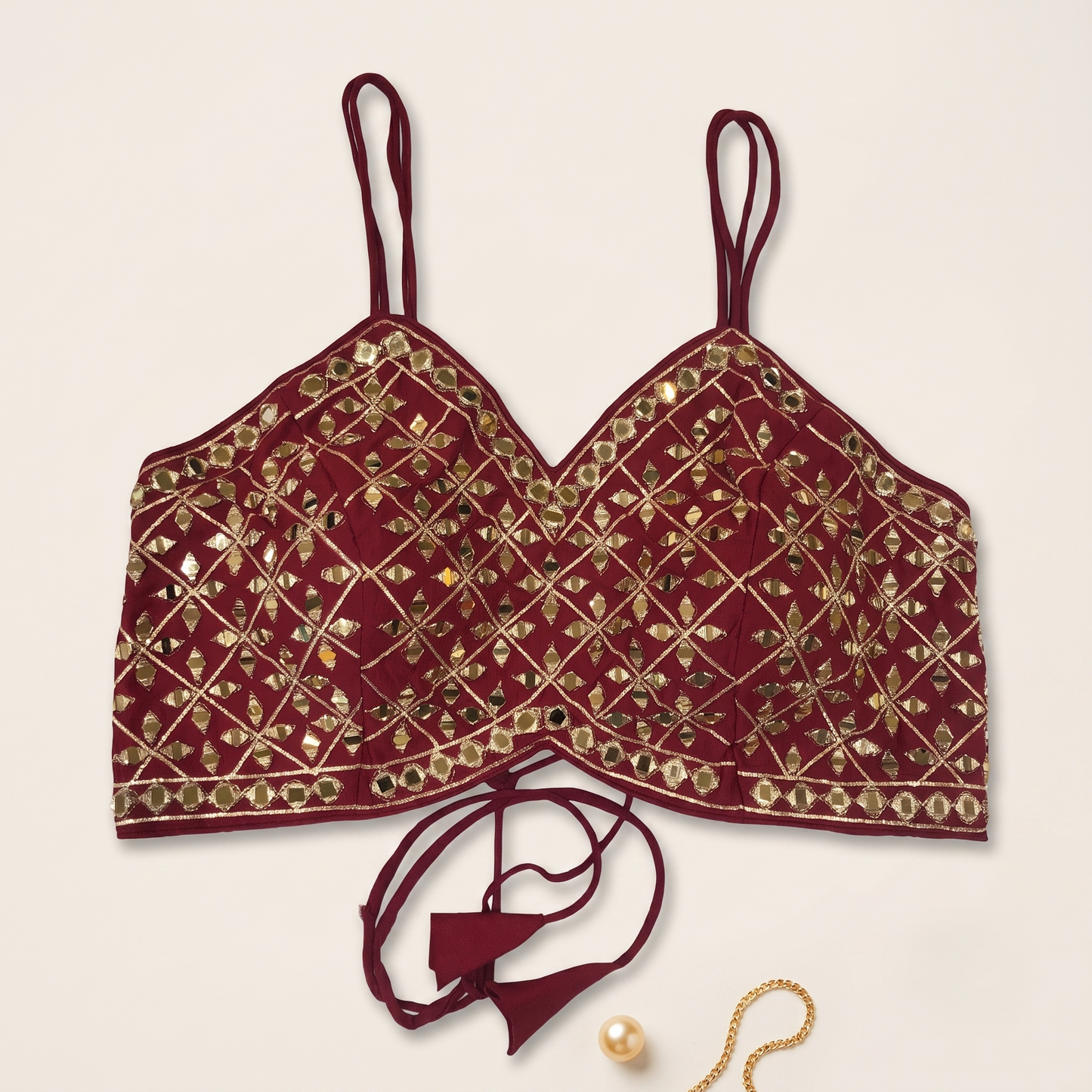 Designer Maroon Mirror Work Sleeveless Blouse for Lehenga & Saree