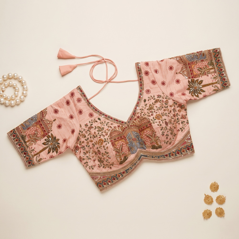 Baby Pink Silk Sweetheart Neck Blouse with Zari & Floral Embroidery