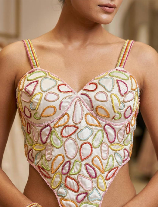 White Multicolor Beaded Abstract Designer Corset Blouse