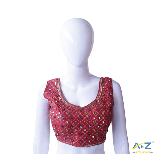 Hand-Embroidered Red blouse with sequin & Mirror work