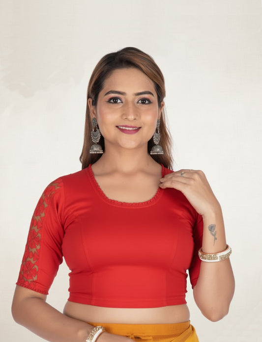 Red Cotton Lycra Blouse with Netted Flower Design