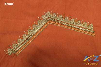 Dark Dusty Orange Silk Blouse Piece With Machine Work